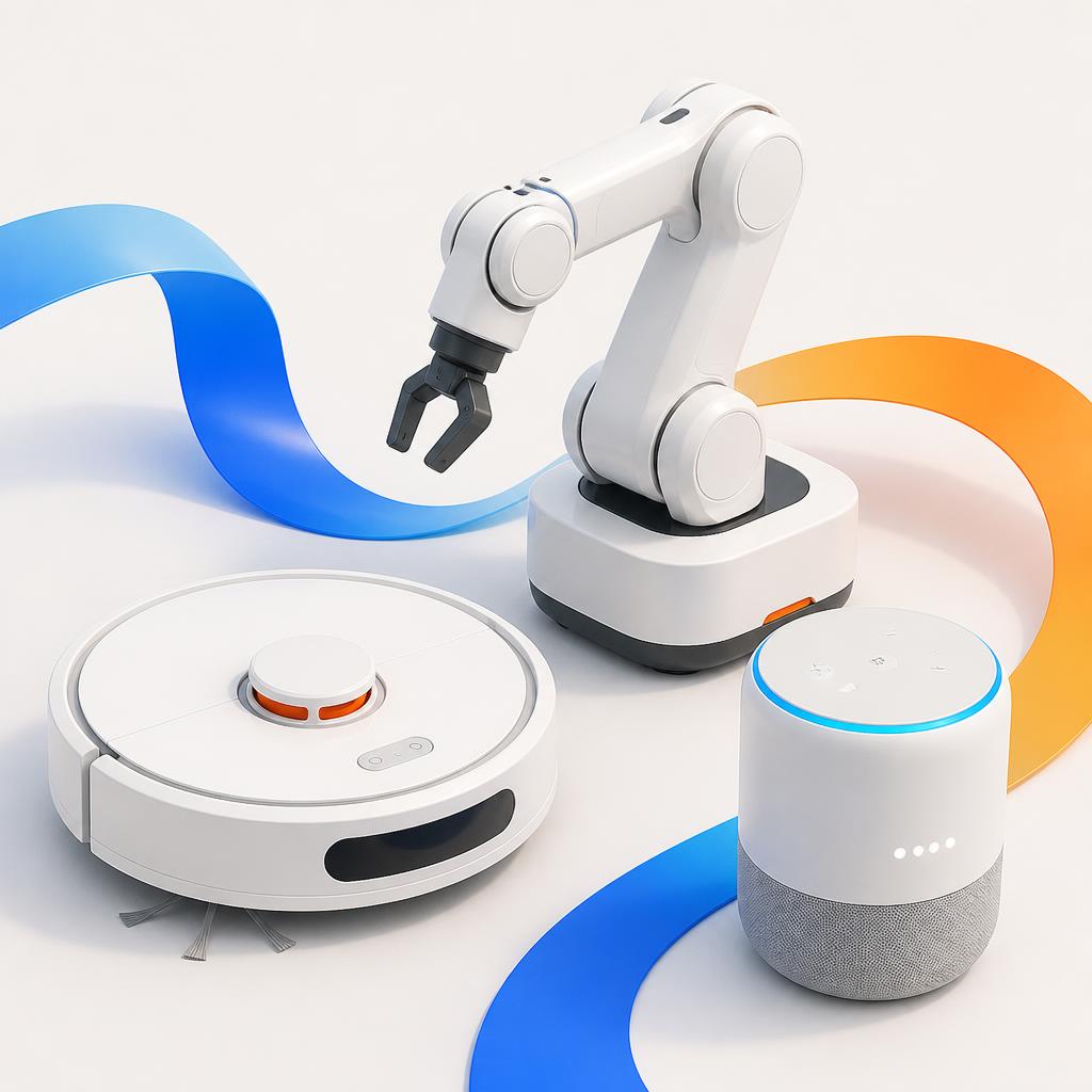 White robot arm, robot vacuum and smart speaker 3D render