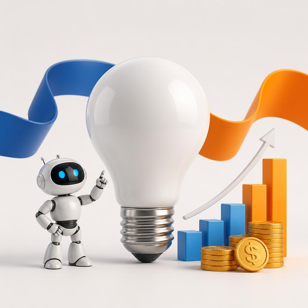 Lightbulb with small robot, growth chart and coins 3D render