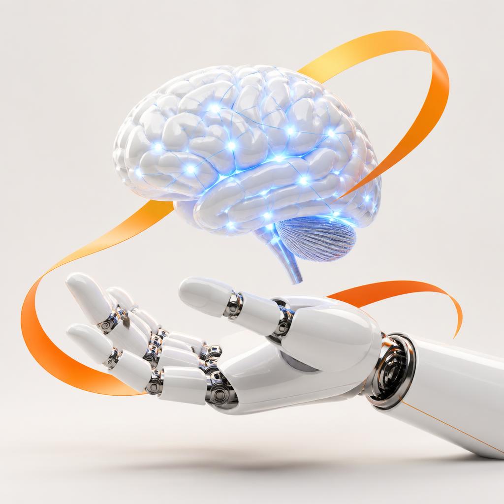 Robotic hand and glowing neural brain 3D render