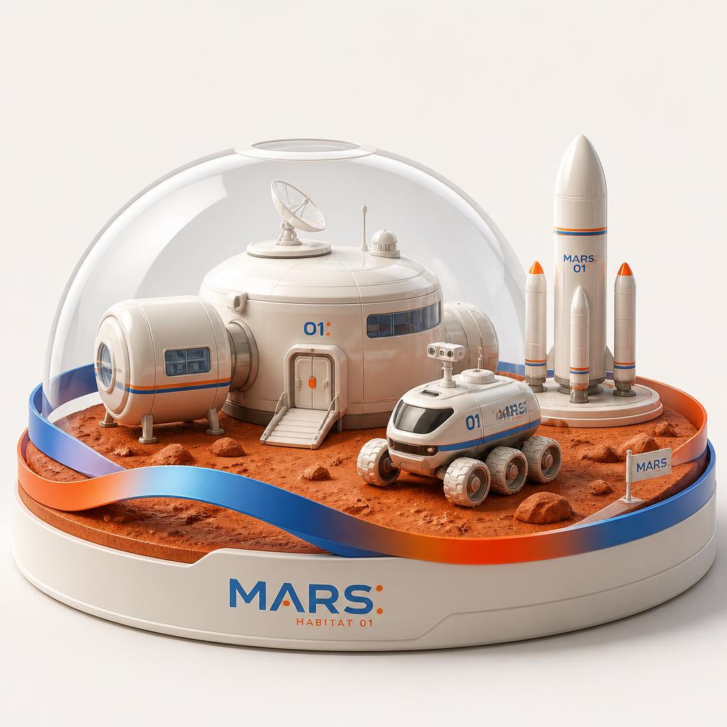 Mars habitat dome with rover and rockets 3D render